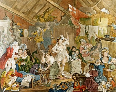 William Hogarthin "Kervelevät näyttelijät pukeutumassa navettaan" 1738 tekijältä William Hogarth