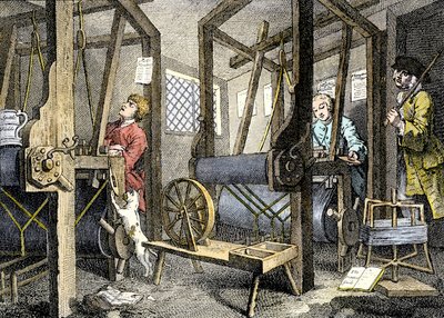 Työpaja ja työntekijä kudontamateriaalin kanssa Spitalfieldsissä, Englannissa. tekijältä William Hogarth