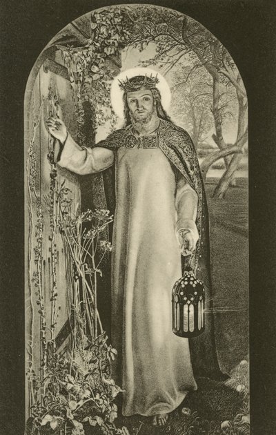Maailman valo, maalaus Keble Collegessa, Oxford, Oxfordshire, kuvaa Kristusta kantamassa lyhtyä ja koputtamassa oveen (m/w kuva) tekijältä William Holman (after) Hunt