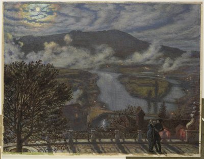 Vista des de la terrassa del paisatge fluvial a la nit The Terrace, Berna (títol sobre objecte)acabat tekijältä William Holman Hunt