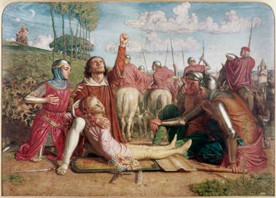 Rienzi vannoo saavansa korvauksen nuoren veljensä kuolemasta, joka oli uhri Orsinien ja Colonnan välisen yhteenotossa tekijältä William Holman Hunt