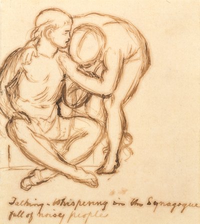 Puhuminen - Kuiskaus synagogassa täynnä meluisia ihmisiä (kynä ja seepiamuste paperilla) tekijältä William Holman Hunt