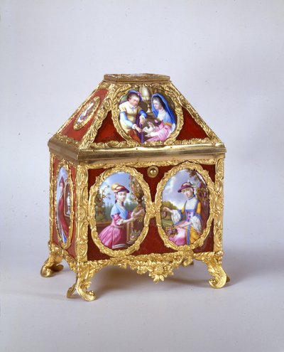 George III -arkku, jossa on James Coxin tapainen reunakello, n. 1770 (kullattu metalli, emali ja verre-eglomise) (katso myös 741846) tekijältä William Hopkins Craft