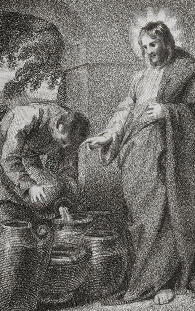 Kristus muuttaa veden viiniksi, pastori J. Milnerin "Siunatun Herramme ja Vapahtajamme Jeesuksen Kristuksen historiasta ja elämästä", julkaisija B. Crosby, 1808 tekijältä William Hopwood