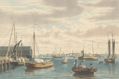 Boston: Laivastotelakan laivarakennuksen West Endistä, julkaistu 1833. tekijältä William James Bennett