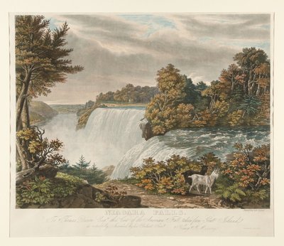 Niagaran putoukset. Thomas Dixon Esq:lle on kunnioittavasti omistettu tämä Goat Islandilta kuvattu näkymä American Fallille tekijältä William James Bennett