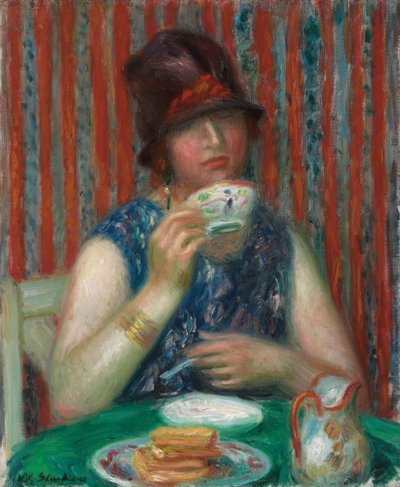Tyttö teekupin kanssa, n. 1920 (öljy kankaalle) tekijältä William James Glackens