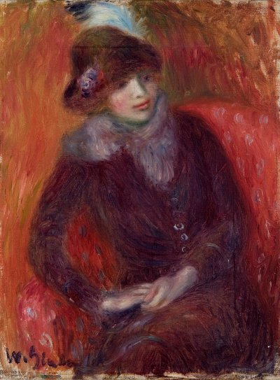Istuva nainen turkiskaulus ja punainen tausta tekijältä William James Glackens