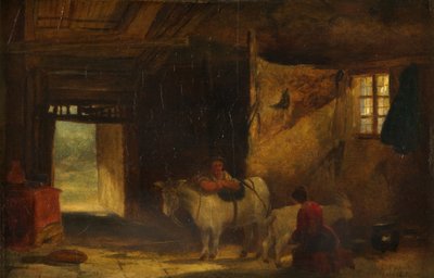 Walesin sisustus, jossa tyttö lypsää vuohia (öljy paneelissa) tekijältä William James Muller