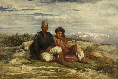 Kaksi arabihahmoa istuvat (öljy kankaalle) tekijältä William James Muller