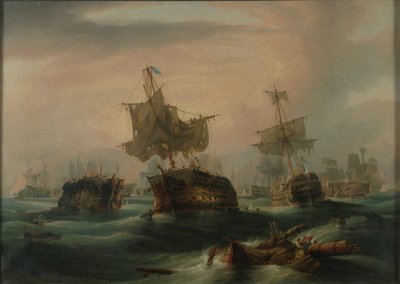 Trafalgarin taistelu, 21. lokakuuta 1805 : "Taistelun loppu", noin 1837 (öljy kankaalle). tekijältä William John Huggins