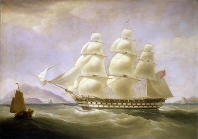 Intialainen alus "Triton" Kiinan rannikon edustalla, näkyvissä pieni paikallinen vene. Öljy kankaalle tekijältä William John Huggins