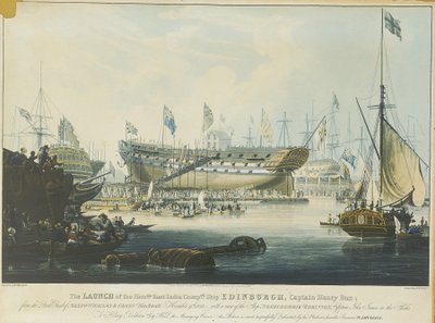 Itä-Intian komppanian laivan "Edinburgh" vesillelasku Wigrams  Greenin telakalta Blackwallissa ja näkymä laivaan "Abercrombie Robinson" varastossa. tekijältä William John Huggins