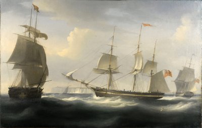 Delaford-alus, joka rakennettiin Thamesilla vuonna 1788 Lontoon (Englanti) ja Itä-Intian välistä kauppaa varten. William John Hugginsin (1781-1845) öljy kankaalle, noin 1830. tekijältä William John Huggins