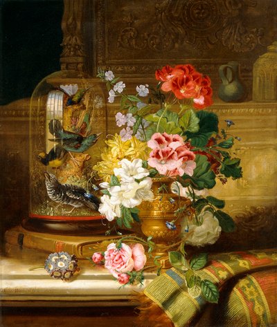 Maljakko erilaisia kukkia ja laululintuja reunalla, 1867 tekijältä William John Wainwright