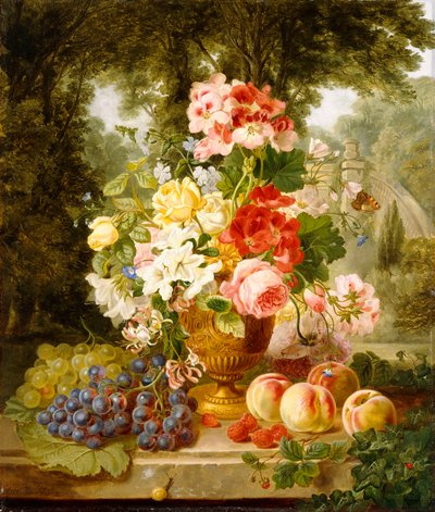 Maljakko kesäkukkia ja hedelmiä reunalla maisemassa, 1867 tekijältä William John Wainwright