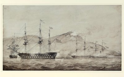 HMS:n alukset "Wellesley", "Columbine" ja "Grisel" Amoyn (Kiina) edustalla vuonna 1841. Lavis tekijältä William Joy