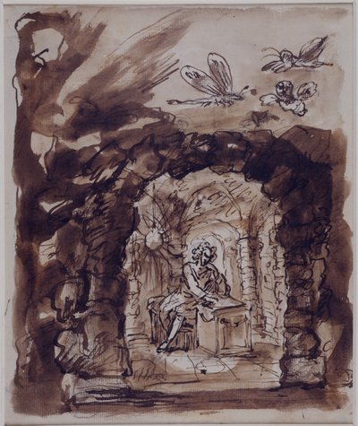 Alexander Pope luolassaan, n. 1730 (Kynä ja muste ruskealla pesulla kynällä paperilla) tekijältä William Kent