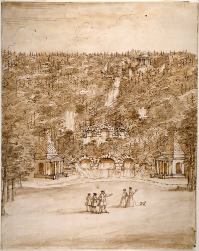 Chatsworth: suunnittelu Cascadelle, 1740-luvun alku (kynä ja ruskea muste ruskealla pesulla kynällä paperilla) tekijältä William Kent