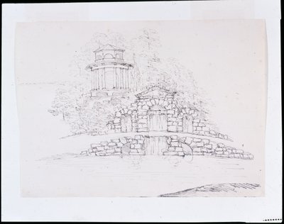 Chiswick, suunnittelu rockword-kaskadille, jonka takana on kahdeksankulmainen dorilainen temppeli (kynä ja muste kynällä paperilla) tekijältä William Kent