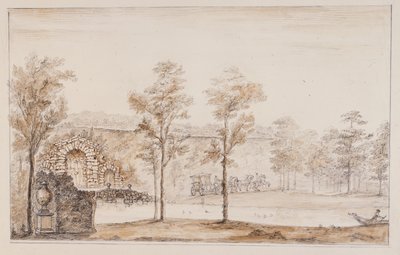 Chiswick, suunnittelu maalaismainen kaskadi ja silta terassia vasten (kynä ja muste ja pesu kynällä paperille) tekijältä William Kent