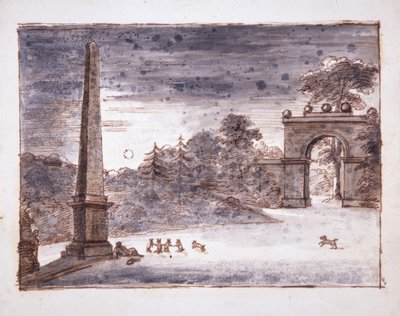 Chiswick, Burlington Lane Gate ja obeliski kuunvalossa Kentin istuessa obeliskin vieressä haaveilemassa ja kanien kanssa leikkimässä, n. 1732 (kynä ja muste ja pesu paperille) tekijältä William Kent