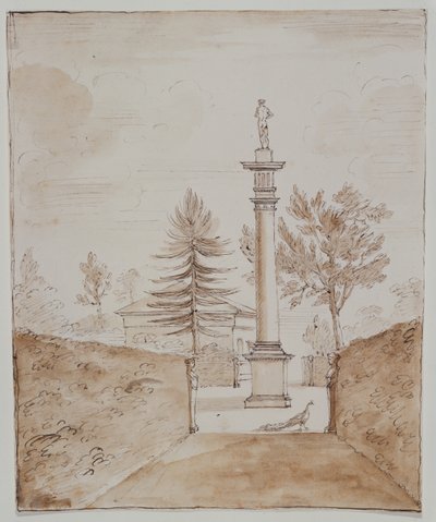 Chiswick, näkymä Doric-pylvääseen, jossa on Venus de Medici -patsas, ja näkemys peuratalon sivusta (kynä ja muste paperille) tekijältä William Kent