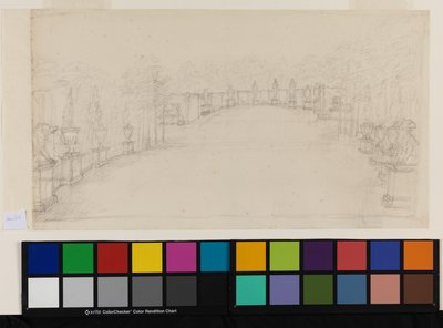 Chiswick, näkymä Exedrasta, jossa näkyy veistoksen sijoitus (kynä paperille) tekijältä William Kent