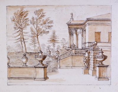 Chiswick, näkymä huvilasta Inigo Jones -patsaan puolella (kynä ja muste ja pesu kynällä paperilla) tekijältä William Kent