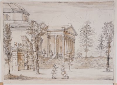 Chiswick, näkymä huvilaan Palladion patsaan puolelta (kynä ja muste ja pesu kynällä paperilla) tekijältä William Kent