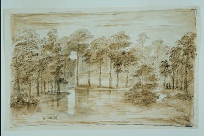 Suunnittelu metsävesipuutarhaan kuunvalossa (kynä ja muste ja pesu kynällä paperille) tekijältä William Kent