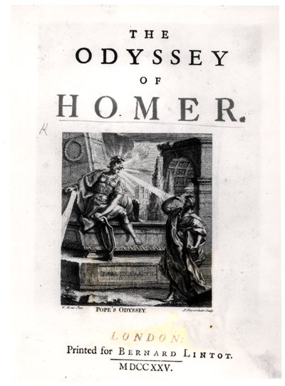 Pierre Fourdrinier (fl.1720-60) kaivertaman Homerin Odysseian otsikkosivu tekijältä William Kent