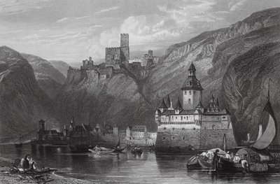 Caub, Gutenfelsin linna ja Pfalz, Rein (kaiverrus). tekijältä William Leighton (after) Leitch