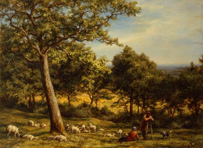 Paimen ja hänen laumansa auringon valaisemassa metsämaisemassa tekijältä William Linnell