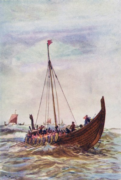 Kuningas Alfredin ajan sotalaiva (väri litho) tekijältä William Lionel (after) Wyllie