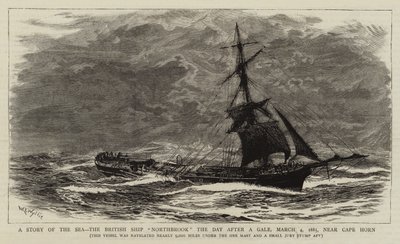 A Story of the Sea, brittiläinen laiva Northbrook räjähdyksen jälkeisenä päivänä, 4. maaliskuuta 1885, lähellä Cape Hornia tekijältä William Lionel Wyllie