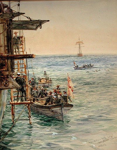 Eclipse Party jättää H.M.S. Theseus, Santa Pola (akvarelli paperille) tekijältä William Lionel Wyllie