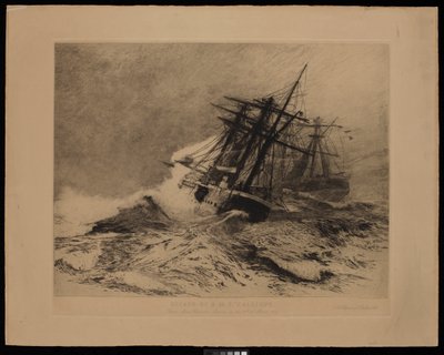 H.M.S. Calliopen pako Apian satamasta Samoalta 16. maaliskuuta 1889 (etsaus). tekijältä William Lionel Wyllie