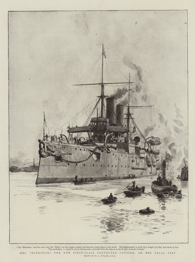 HMS Blenheim, uusi ensimmäisen luokan suojattu risteilijä, kokeilumatkallaan tekijältä William Lionel Wyllie