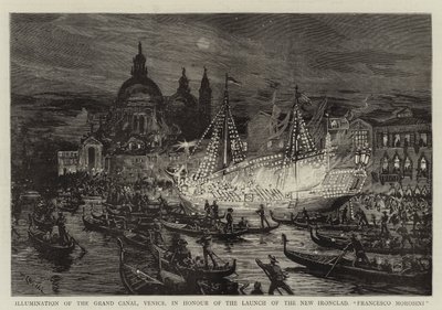Venetsian Grand Canal -kanaalin valaistus uuden rautalaivan vesillelaskun kunniaksi, Francesco Morosini. tekijältä William Lionel Wyllie