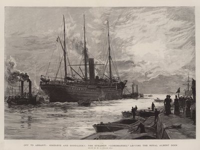 Ashantiin, hyvästi ja onnea!, Steamer Coromandel lähtee Royal Albert Dockista tekijältä William Lionel Wyllie