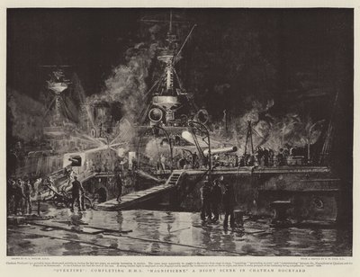 Ylityö, HMS Magnificent, yökohtaus Chatham Dockyardissa tekijältä William Lionel Wyllie