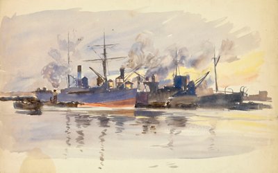 Luonnos kauppalaivoista satamassa, 1800-luvun loppupuoli ja 1900-luvun alku (akvarelli). tekijältä William Lionel Wyllie