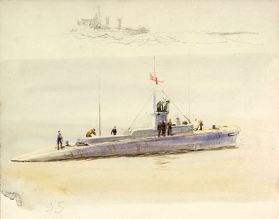 Sukellusvene J.5 ja karkea luonnos toisesta taistelualuksesta, 1900-luvun alku (akvarelli, grafiitti). tekijältä William Lionel Wyllie