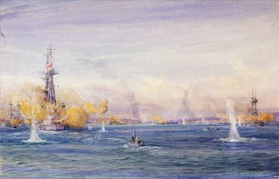 Dardanellien taistelu (1915) (Turkki) Gallipolin kampanjan aikana Marmaranmerellä. William Lionel Wyllien (1851-1931) akvarelli, noin 1915. tekijältä William Lionel Wyllie