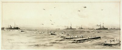 Saksan avomerilaivasto häkissä Scapassa, noin 1918 (pesu, harmaa, valkoisella korotettu). tekijältä William Lionel Wyllie