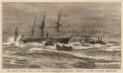 Viimeaikainen ankara myrsky Englannin kanaalissa, höyrylaiva Hankow Plymouthin aallonmurtajan ulkopuolella tekijältä William Lionel Wyllie