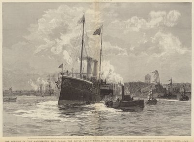 Manchester Ship Canalin avaaminen, Royal Yacht Enchantress hänen Majesteettinsa kanssa aluksella Mode Wheel Lockissa tekijältä William Lionel Wyllie