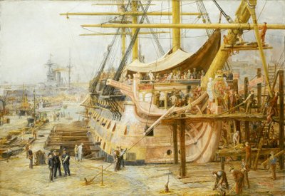 HMS "Victory" -aluksen kunnostaminen Portsmouthin satama-altaassa (Englanti). Trafalgarin voitosta (1805) peräisin olevan aluksen pelastamiseksi käynnistettiin suuri kansallinen rahoitusoperaatio, ja alus palautettiin veteen huhtikuussa 1925. tekijältä William Lionel Wyllie