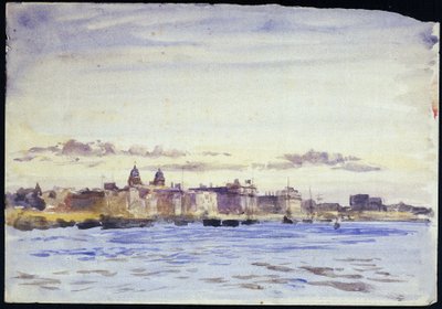 Näkymä Greenwichissä (Englannissa) sijaitsevasta Kuninkaallisesta merisotakoulusta Thamesin rannalla auringonlaskun aikaan, otettu Blackwallilta (vastarannalta). William Lionel Wyllien (1851-1931) akvarelli, 1900-luvun alku. tekijältä William Lionel Wyllie